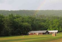 A photo of a person walking down a grassy hill a small one-story house in front of a forest.