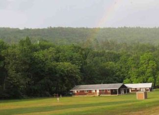A photo of a person walking down a grassy hill a small one-story house in front of a forest.