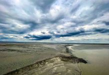 A serene beach with calm waters beneath a cloudy sky.