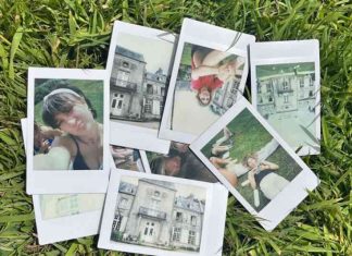 A collection of Polaroids depicting teenagers and a house's exterior, scattered over a grassy lawn.