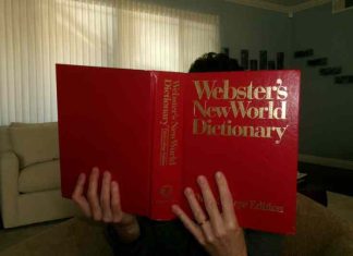 Woman reads the Webster's New World Dictionary, blocking her face with the large red book.
