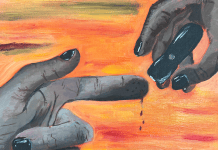 Painting of two hands. Blood drips from the fingertip of the left hand; the other hand holds a lancing device.