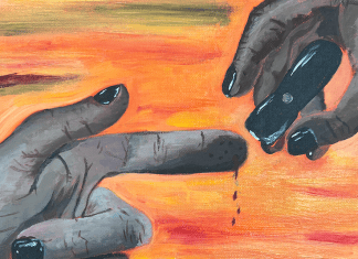 Painting of two hands. Blood drips from the fingertip of the left hand; the other hand holds a lancing device.
