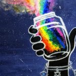 A hand holding a jar releasing a rainbow
