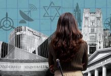 A collaged image that shows a girl looking at university buildings from Georgia Tech, Vanderbilt, University of Alabama, and others. The image also includes icons of a Star of David, a rocket, a compass, a propeller, and a satellite dish.