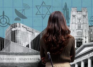 A collaged image that shows a girl looking at university buildings from Georgia Tech, Vanderbilt, University of Alabama, and others. The image also includes icons of a Star of David, a rocket, a compass, a propeller, and a satellite dish.