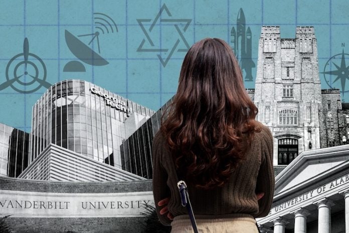 A collaged image that shows a girl looking at university buildings from Georgia Tech, Vanderbilt, University of Alabama, and others. The image also includes icons of a Star of David, a rocket, a compass, a propeller, and a satellite dish.