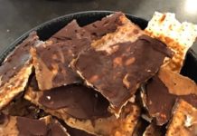 A bowl of chocolate-coated matzah toffee