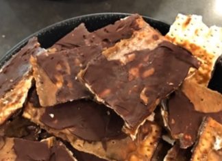 A bowl of chocolate-coated matzah toffee