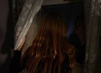 Beneath the Floorboards A shiny-haired girl looks out a window with her hand pressed on it.