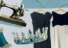 A collaged image with a vintage sewing machine, spool of blue thread, tiara, and row of dresses.