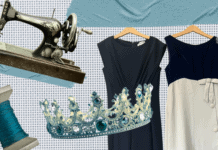 A collaged image with a vintage sewing machine, spool of blue thread, tiara, and row of dresses.