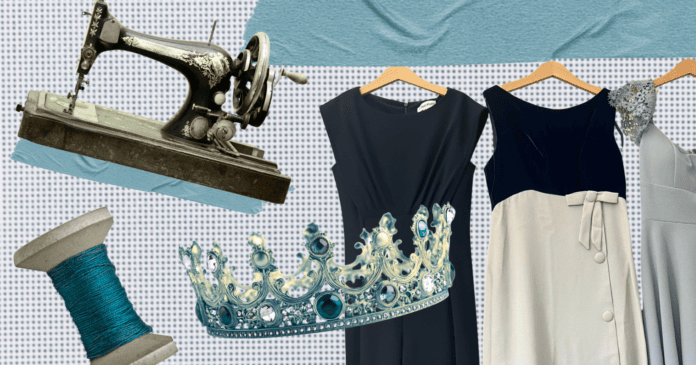 A collaged image with a vintage sewing machine, spool of blue thread, tiara, and row of dresses.