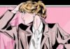 The Lady in Slippers Comic illustration of a blond woman striking a pose in front of a pink backdrop. She wears red pants and a blazer with her hair in a high ponytail.