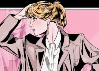 Comic illustration of a blond woman striking a pose in front of a pink backdrop. She wears red pants and a blazer with her hair in a high ponytail.