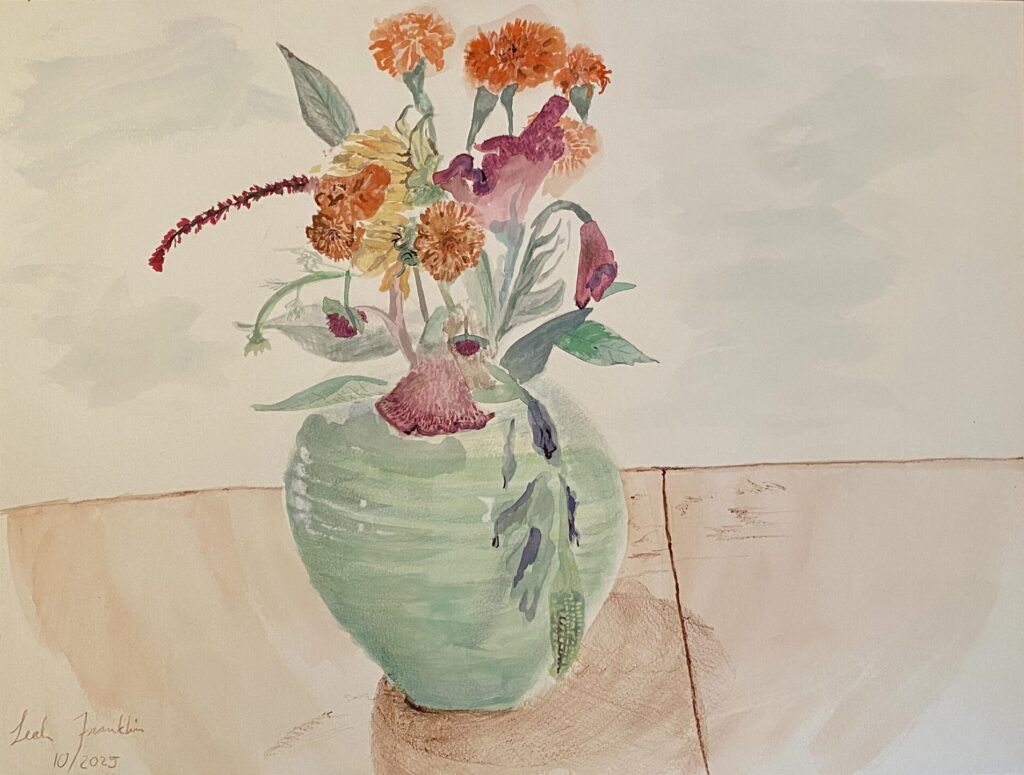 Watercolor painting of a green vase filled with flowering orange and red dahlias.
