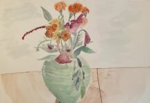 Watercolor painting of a green vase filled with flowering orange and red dahlias.