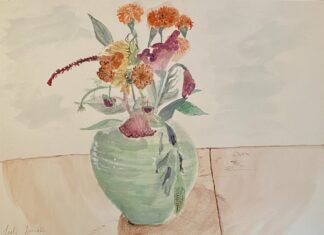 Watercolor painting of a green vase filled with flowering orange and red dahlias.