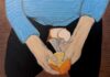 Painting on canvas. A figure in a cerulean sweater kneels, their face out of frame, and peels an orange.