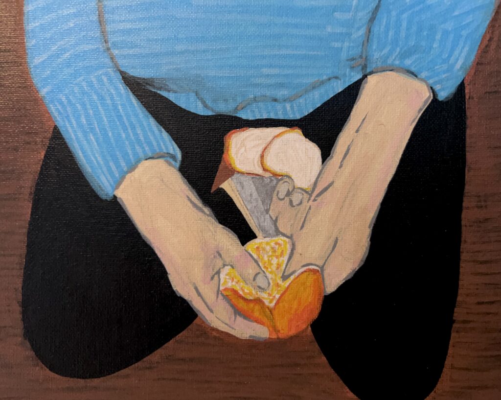 Painting on canvas. A figure in a cerulean sweater kneels, their face out of frame, and peels an orange.