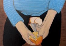More Than Just a Fruit Painting on canvas. A figure in a cerulean sweater kneels, their face out of frame, and peels an orange.