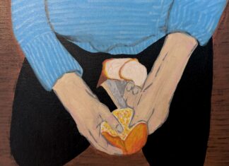 More Than Just a Fruit Painting on canvas. A figure in a cerulean sweater kneels, their face out of frame, and peels an orange.