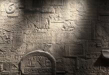 Eichah? Light streaks across a stone wall covered in Hebrew text and Jewish symbols with streaks.