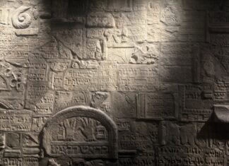 Eichah? Light streaks across a stone wall covered in Hebrew text and Jewish symbols with streaks.