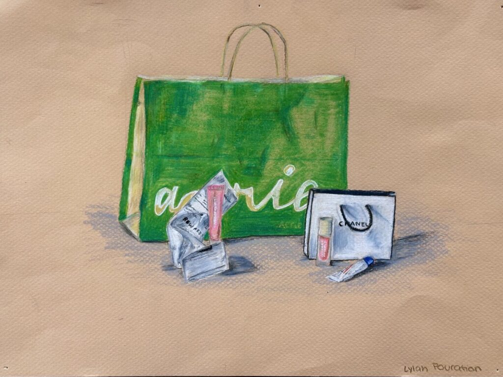 A painting depicting a large green Aerie shopping bag, a smaller white Chanel bag, multiple tubes of lip gloss, and a crumpled receipt.