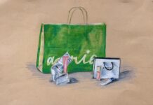 A painting depicting a large green Aerie shopping bag, a smaller white Chanel bag, multiple tubes of lip gloss, and a crumpled receipt.