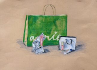 A painting depicting a large green Aerie shopping bag, a smaller white Chanel bag, multiple tubes of lip gloss, and a crumpled receipt.