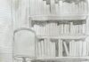 Shelf of Wisdom Sketch of a home library. A side table holding a lamp and a plant sits in front of a bookshelf. The image is in grayscale.