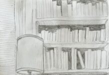Sketch of a home library. A side table holding a lamp and a plant sits in front of a bookshelf. The image is in grayscale.