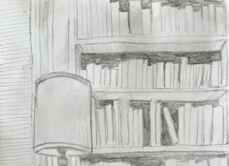 Sketch of a home library. A side table holding a lamp and a plant sits in front of a bookshelf. The image is in grayscale.